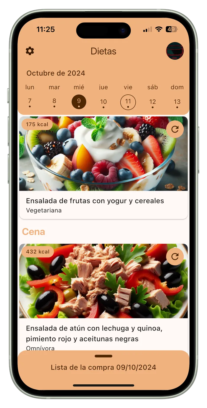 Menú semanal en la app Nutria con las recetas de cada día